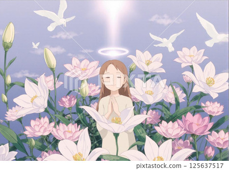 Flowers (especially lilies, chrysanthemums, cherry blossoms, and lotuses) Light (soft light and halos) Birds (especially white birds and doves) Sky, clouds, and angels 125637517