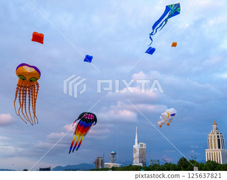 Kite Festival. Kites in the sky. A spectacle . Wind is like a force. air objects. Various forms. A beautiful sight. Aerodynamics. Object in the sky. Holiday on the beach. Kite Festival. Kites in the sky. A spectacle . Wind is like a force. air objects. Various forms. A beautiful sight. Aerodynamics. Object in the sky. Holiday on the beach. 125637821