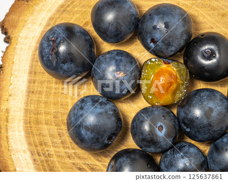 The fruit of Blackthorn. Type of plum genus. early fruit. Tart sour taste. 125637861