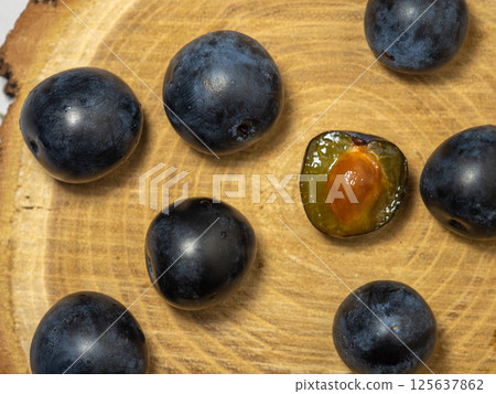 The fruit of Blackthorn. Type of plum genus. early fruit. Tart sour taste. 125637862