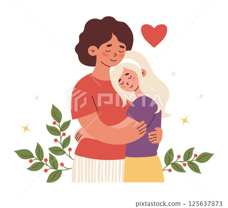 Happy Cute woman mother with her daughter. Vector illustration in flat style for festive design of family and mother day 125637873