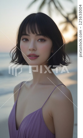 一位身穿連身裙的女子在海灘上散步的肖像 125638004