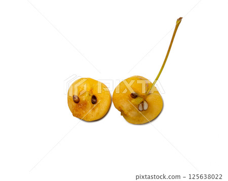 early variety of apples. Small yellow apples on a white background. Summer fruit isolate. Chinese gold. 125638022