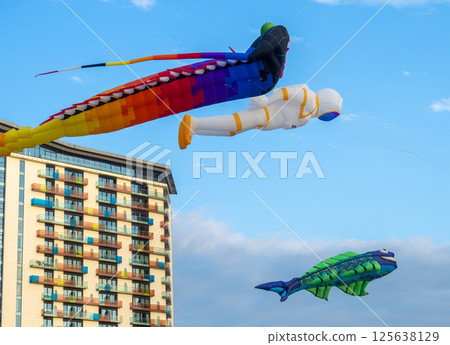 Kite Festival. Kites in the sky. A spectacle in the sky. Wind is like a force. air objects. Various forms. A beautiful sight. 125638129