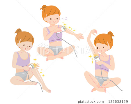 Illustration set of a woman removing unwanted hair with a hair remover 125638159