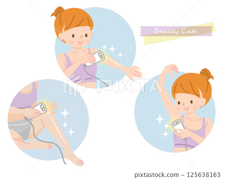 Illustration set of a woman removing unwanted hair with a hair remover 125638163