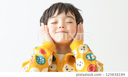 一個男孩臉上帶著滿足的表情，雙手托著臉頰 125638194