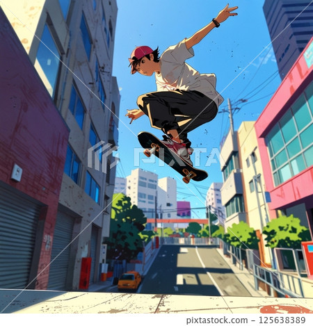 一個男孩在城市裡玩滑板 一個男孩在城市裡玩滑板 125638389