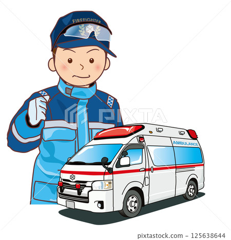 Illustration of an ambulance and paramedics Illustration of an ambulance and paramedics 125638644