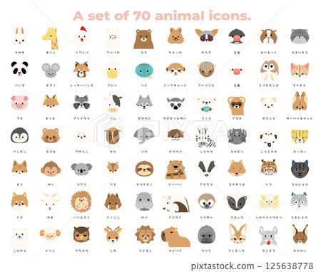 一組 70 個可愛的動物臉圖標 125638778