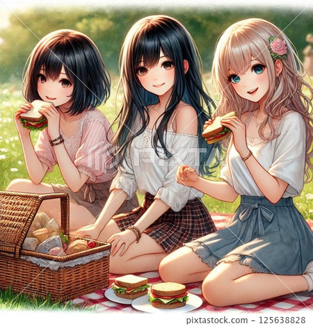 [Anime style] Picnic, casual clothes, three girls 125638828