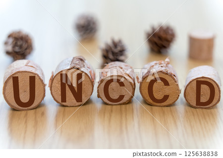 The letters UNCCD written on a log The letters UNCCD written on a log 125638838