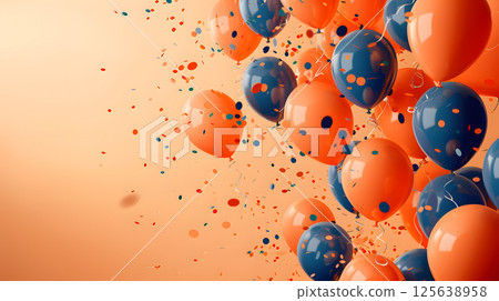 Colorful orange and electric blue balloons float in the sky 125638958