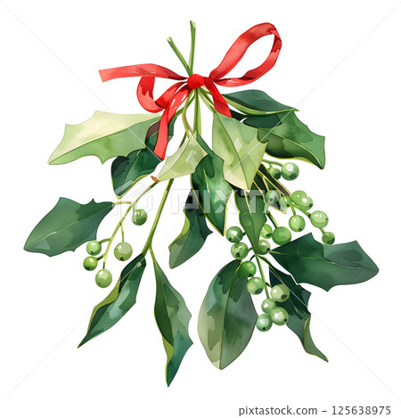 Illustration of mistletoe plant with red ribbon, leaves, and berries 125638975