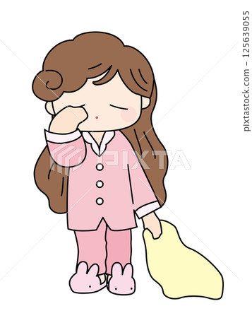 A girl rubbing her eyes sleepily, with color lines 125639055
