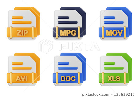3d file format type icon set bundle zip mpg mov avi doc xls 125639215
