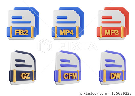 3d file format type icon set bundle fb2 mp4 mp3 gz cfm dw 125639223