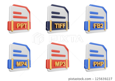 3d file format type icon set bundle ppt tiff fb2 mp4 mp3 php 125639227