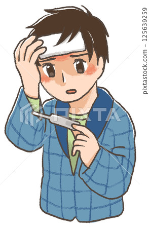 手繪插圖：感冒症狀，男性，發燒 125639259