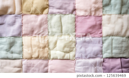 Colorful pastel quilt showcasing soft, textured fabric patches in a cozy layout 125639469