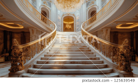 Elegant marble staircase in a luxurious grand hall with ornate details Elegant marble staircase in a luxurious grand hall with ornate details 125639549