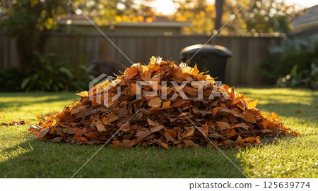 Freshly raked autumn leaves create a vibrant pile in a sunny yard Freshly raked autumn leaves create a vibrant pile in a sunny yard 125639774