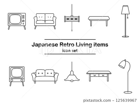 昭和復古客廳家具圖示集 |電視、沙發、燈光和矮桌的線條插圖 125639967