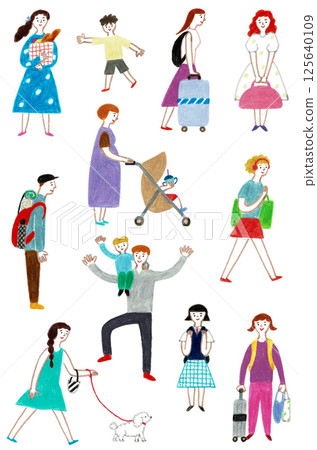 Hand-drawn illustrations of people in various situations 125640109