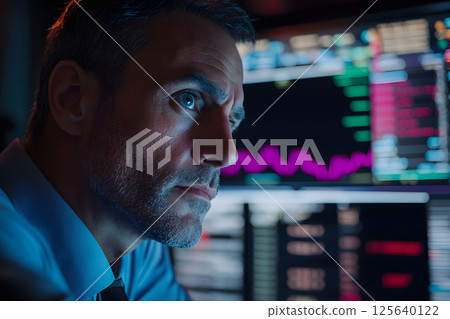 一位商人緊張地看著股票交易圖表 125640122