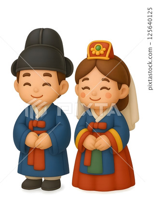 Traditional Korean wedding cartoon couple in hanbok and ceremonial headwear 125640125