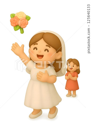 Cartoon Korean bride tossing bouquet with excited girl in background Cartoon Korean bride tossing bouquet with excited girl in background 125640133