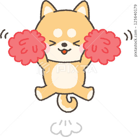 A brown Shiba Inu cheering with pom-poms 125640179