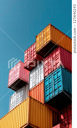 Colorful shipping container stack under clear blue sky, industrial storage, creative arrangement 125640243