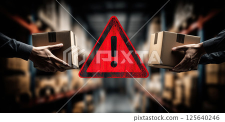 Hands box warning warehouse exchange red alert danger shipping caution. red warning sign 125640246