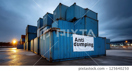 Stack of blue shipping container, industrial area, cloudy sky, anti dumping sign, evening light 125640250