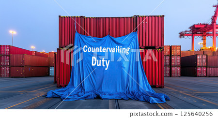 Stack of red shipping container, blue fabric with cvd countervailing duty , industrial port evening light 125640256