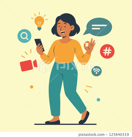 Happy Woman Person Cartoon Character Holding Gadget in Social Media Digital World 125640319