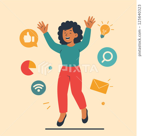 Happy Woman Person Cartoon Character in Social Media Digital World 125640323