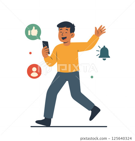 Happy Man Person Cartoon Character Holding Gadget in Social Media Digital World 125640324
