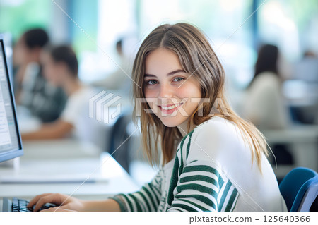 外國女人微笑。一位年輕女子在明亮的教室裡使用電腦工作的肖像 125640366