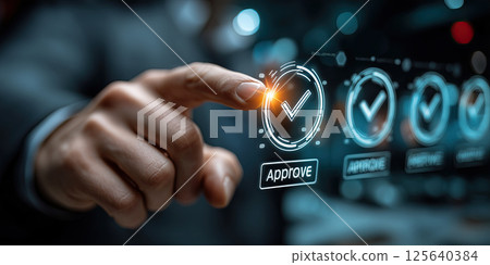 Hand is pointing at digital approve button with glowing check mark, futuristic interface Hand is pointing at digital approve button with glowing check mark, futuristic interface 125640384