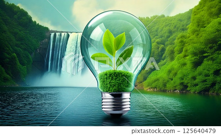 3DCG 插圖：綠色嫩葉在燈泡內搖曳，背景是水力發電廠大壩放出的水 125640479