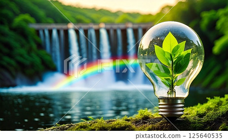 3DCG 插圖:綠色嫩葉在燈泡內搖曳,背景是水力發電廠大壩放出的水 3DCG 插圖:綠色嫩葉在燈泡內搖曳,背景是水力發電廠大壩放出的水 125640535