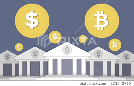 traditional finance vs crypto, several stylized building facades, resembling banks, financial institutions, dollar signs on pediments, interaction between traditional finance and cryptocurrency traditional finance vs crypto, several stylized building facades, resembling banks, financial institutions, dollar signs on pediments, interaction between traditional finance and cryptocurrency 125640720