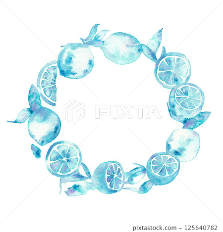 水彩畫。藍色檸檬的水彩插圖。檸檬向量插圖。夏季清爽的背景框架。 125640782