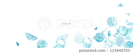Watercolor painting. Blue lemon illustration with watercolor touch. Lemon vector illustration. Summer refreshing background frame. 125640783