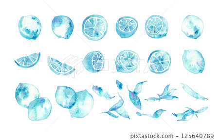 Watercolor painting. Blue lemon illustration with watercolor touch. Lemon vector illustration. Summer refreshing background frame. Watercolor painting. Blue lemon illustration with watercolor touch. Lemon vector illustration. Summer refreshing background frame. 125640789