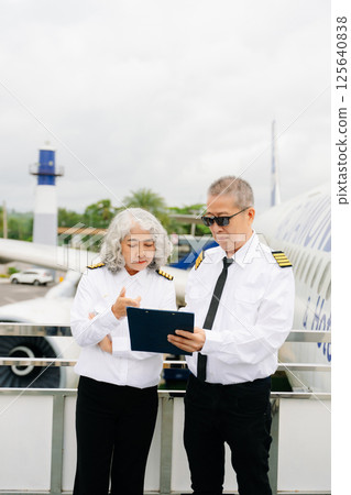 Mature commercial male pilot Beautiful middle aged woman airplane captain instructor has a meeting, discussion with aircrew team Mature commercial male pilot Beautiful middle aged woman airplane captain instructor has a meeting, discussion with aircrew team 125640838