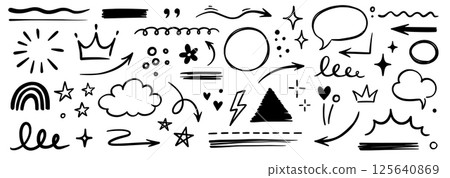 Line hand drawn brush marker underline, highlight, star element set. Hand drawn sketch marker underline shape, arrow, star scribble brush pen stroke icon highlight element. Vector Line hand drawn brush marker underline, highlight, star element set. Hand drawn sketch marker underline shape, arrow, star scribble brush pen stroke icon highlight element. Vector 125640869