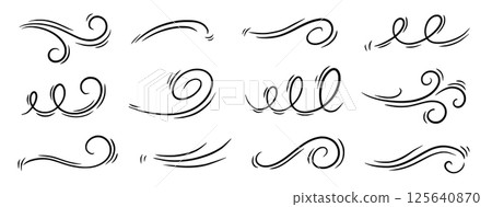 Wind line air swirl vector icon set. Hand drawn doodle wind motion, air blow, swirl doodle elements. Sketch drawn air blow motion, smoke flow wave, abstract line. Isolated vector Wind line air swirl vector icon set. Hand drawn doodle wind motion, air blow, swirl doodle elements. Sketch drawn air blow motion, smoke flow wave, abstract line. Isolated vector 125640870